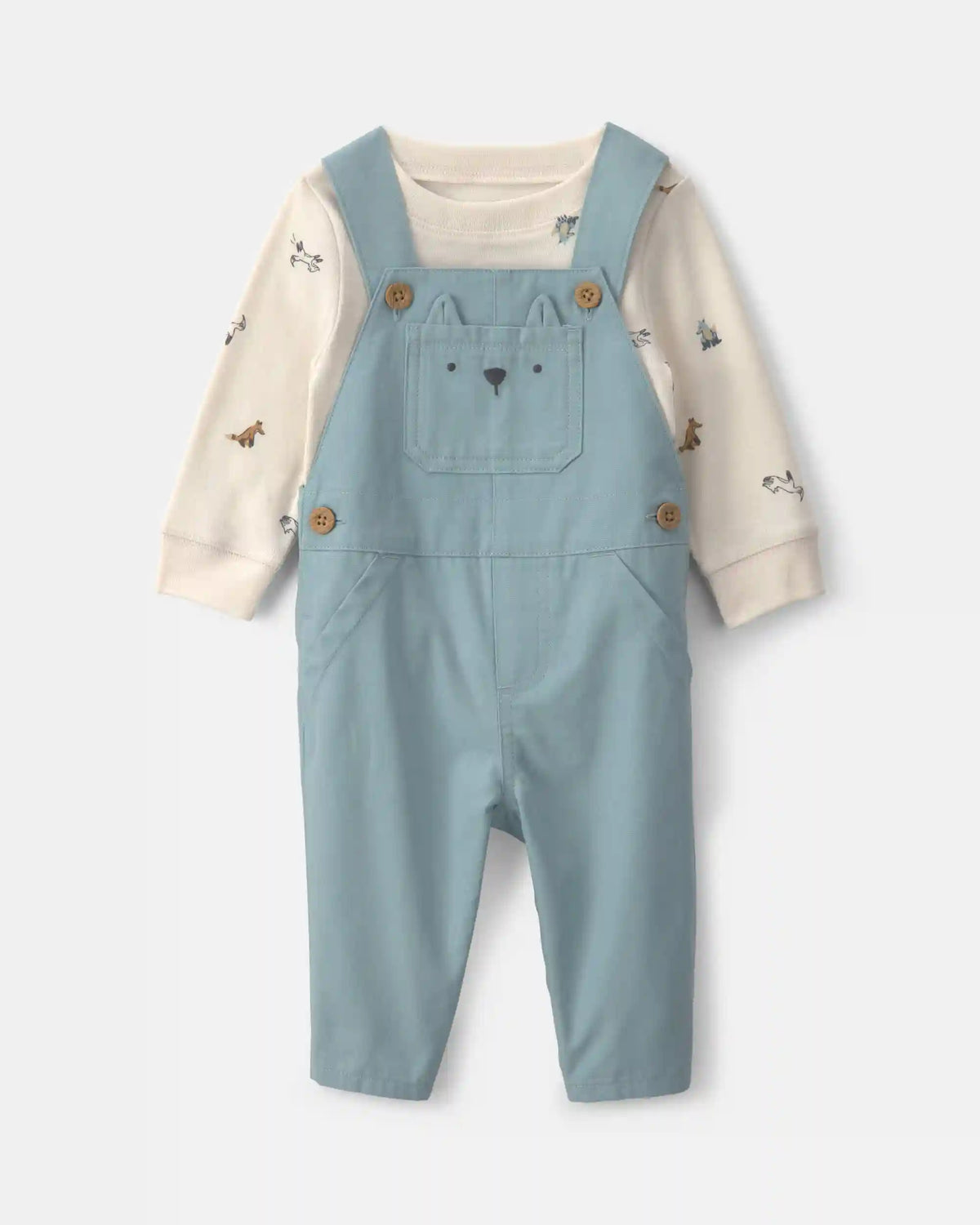 Baby Boy 2-Piece Wolf Long-Sleeve Overall Set - Blue/Cream