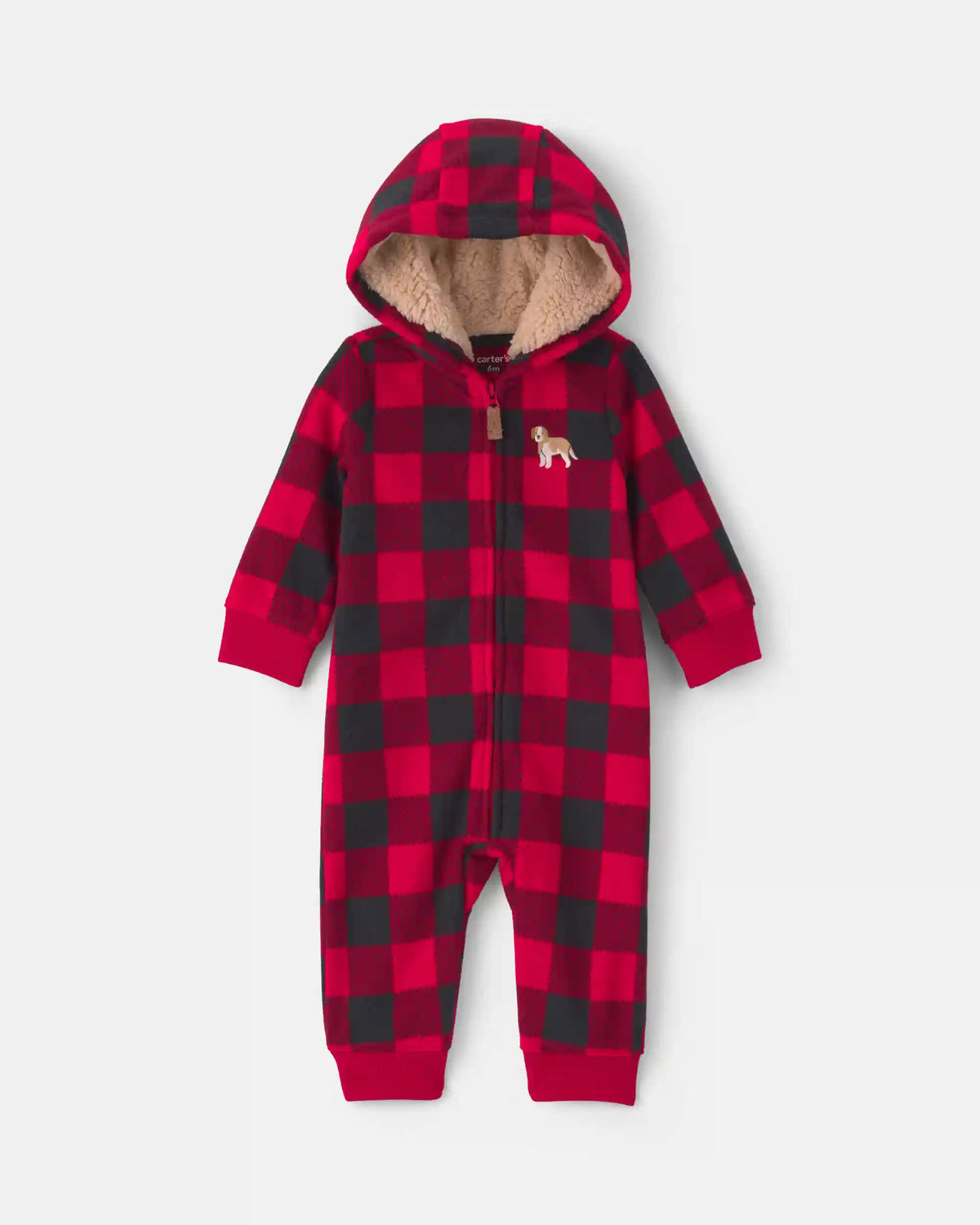 Baby Boy Buffalo Check Fleece Long-Sleeve Jumpsuit - Red/Black