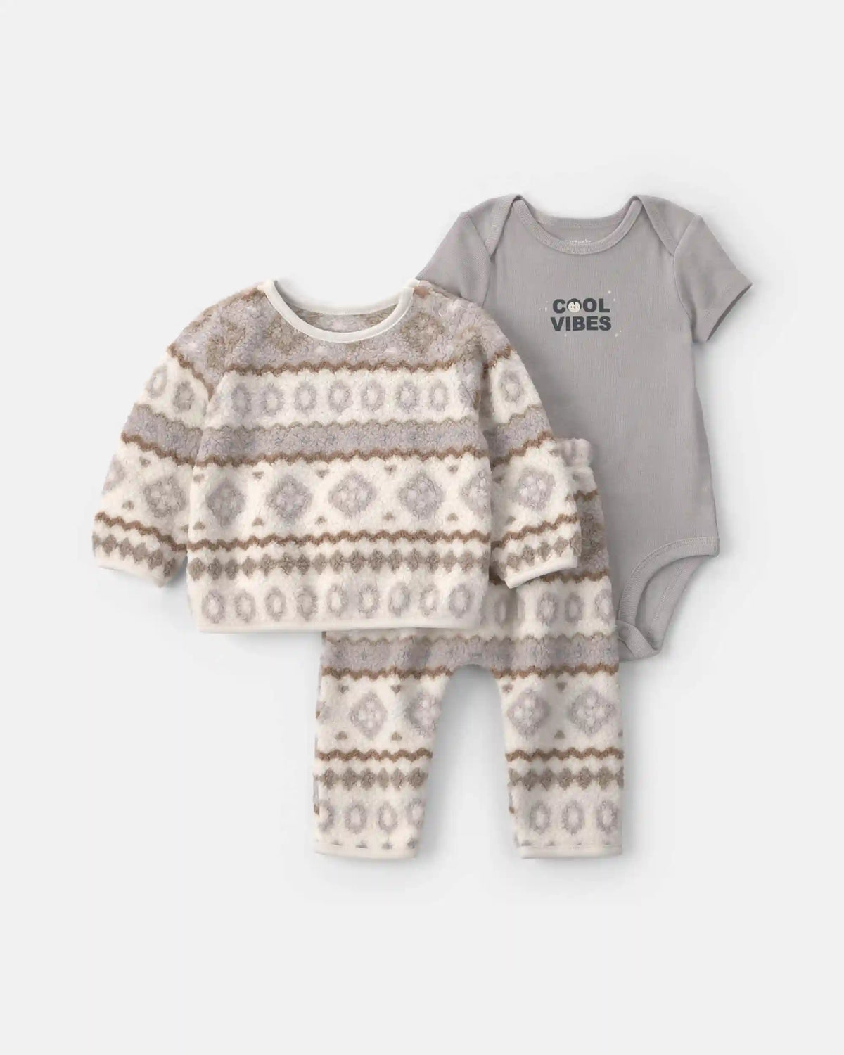 Baby Boy 3-Piece Fair Isle Fleece Layering Set - Cream/Grey