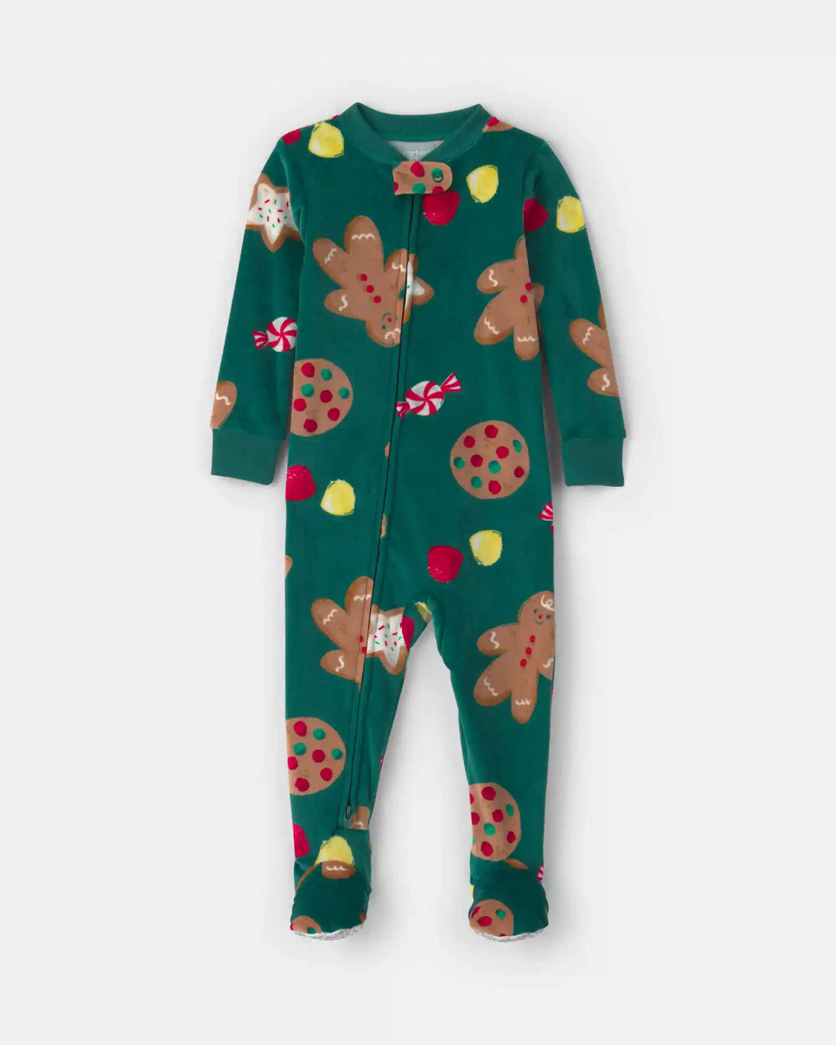 Baby 1-Piece Christmas Gingerbread 2-Way Zip DreamPlush Snug Fit Footed Pajama - Green