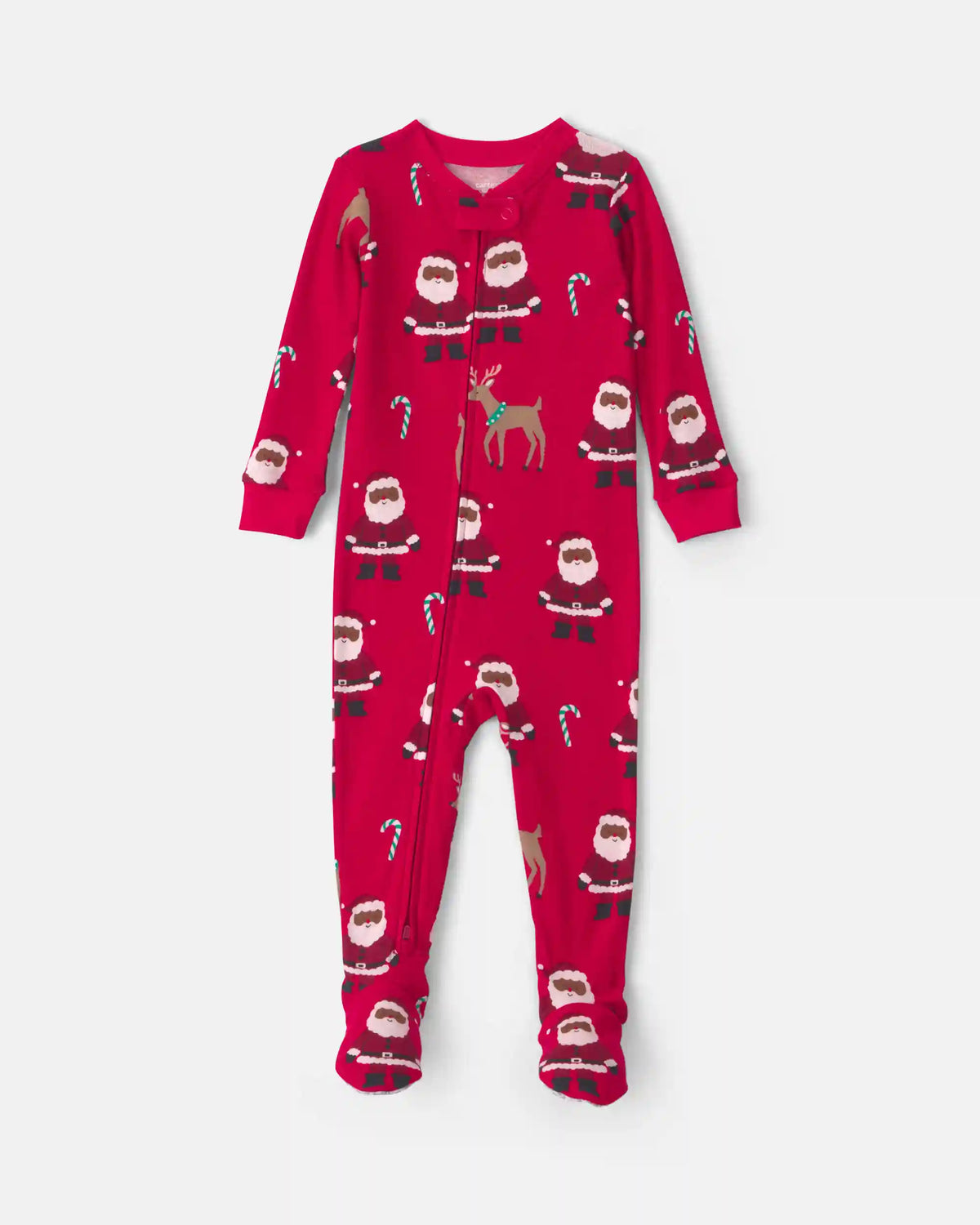 Baby 1-Piece Brown Santa Christmas 2-Way Zip 100% Cotton Snug Fit Footed Pajama - Red