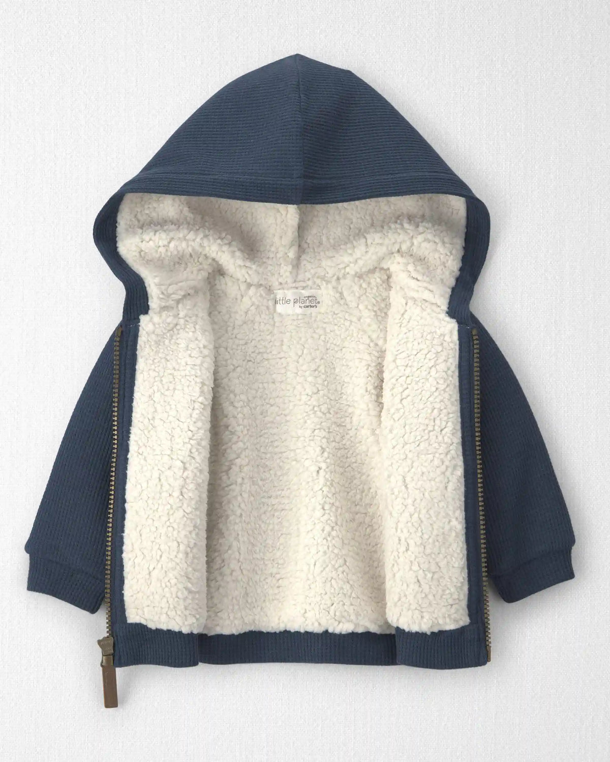 Baby Boy Recycled Teddy Fleece Waffle Knit Hooded Jacket Made with Organic Cotton