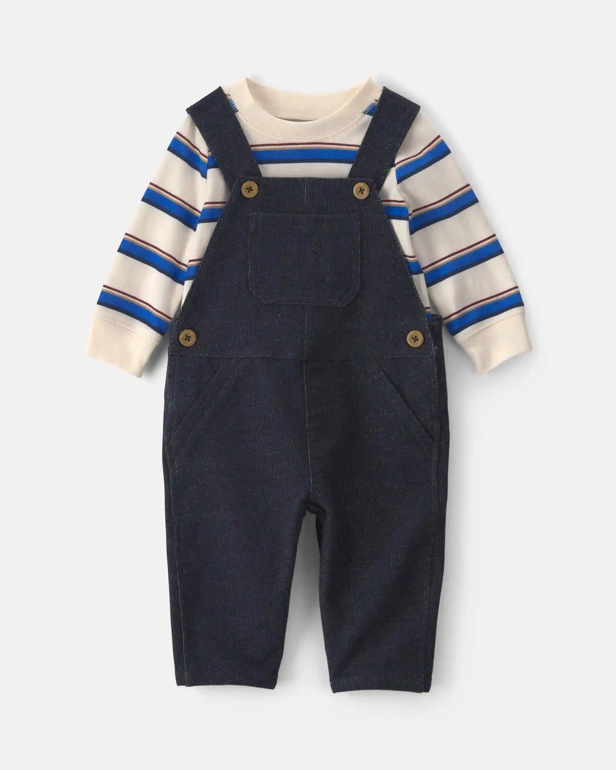 Baby Boy 2-Piece Striped French Terry Long-Sleeve Overall Set - Indigo/Cream