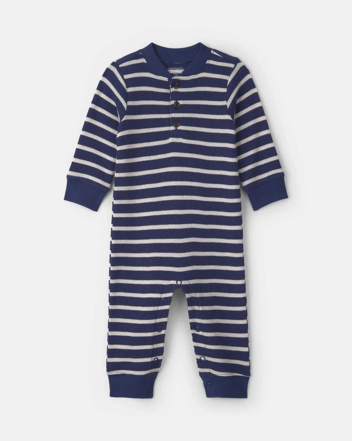 Baby Boy Striped Thermal Long-Sleeve Jumpsuit - Navy Blue