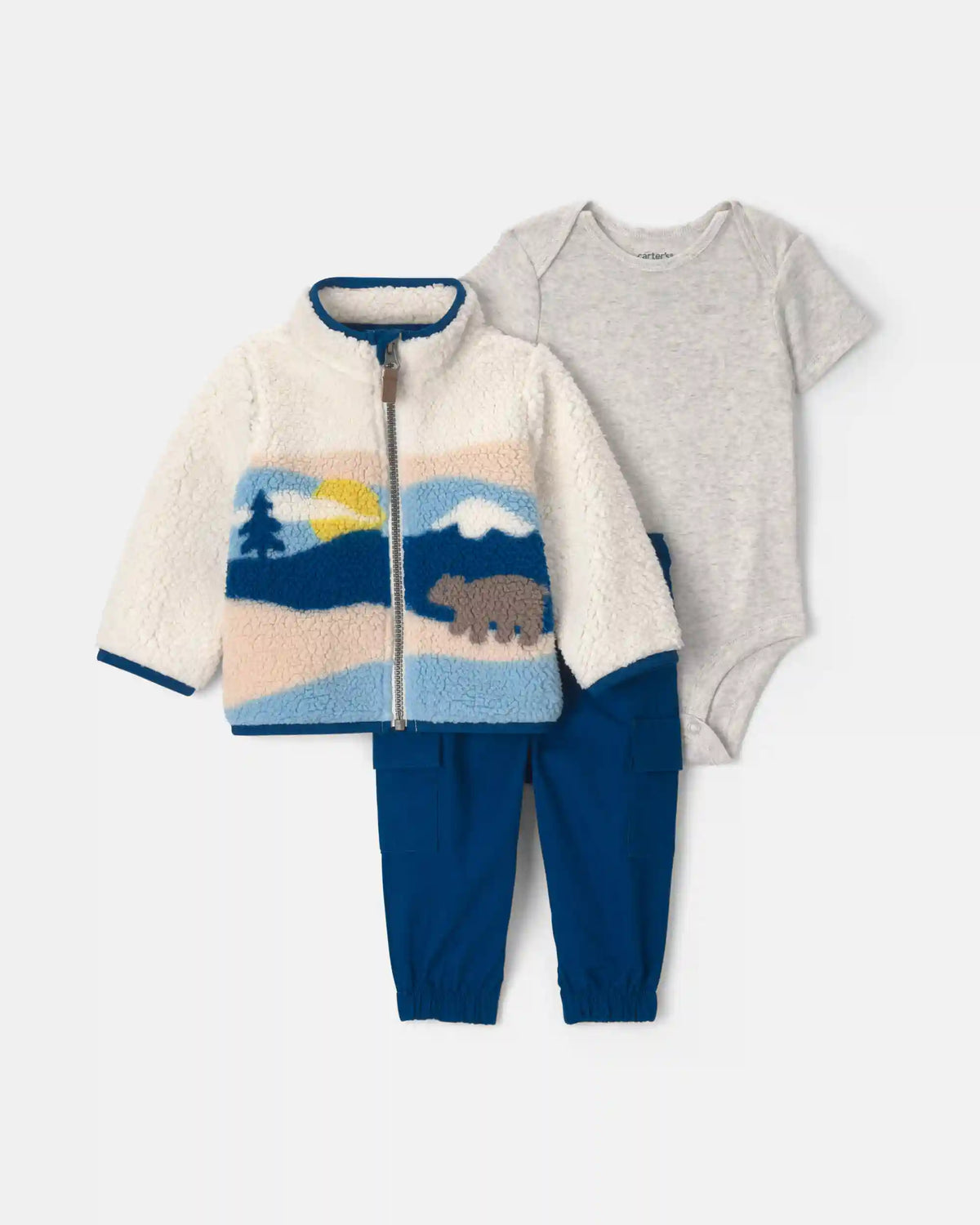 Baby Boy 3-Piece Bear Scenic Fleece Layering Set - Grey/Blue