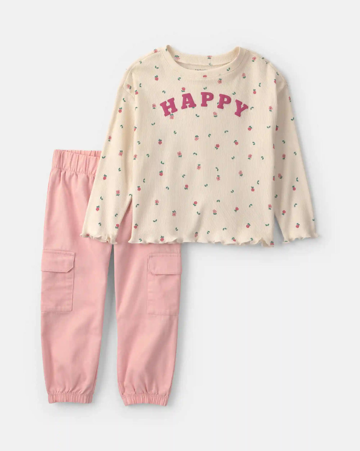 Toddler Girl 2-Piece 'Happy' Striped Twill Long-Sleeve Top & Pant Set - Pink/Cream