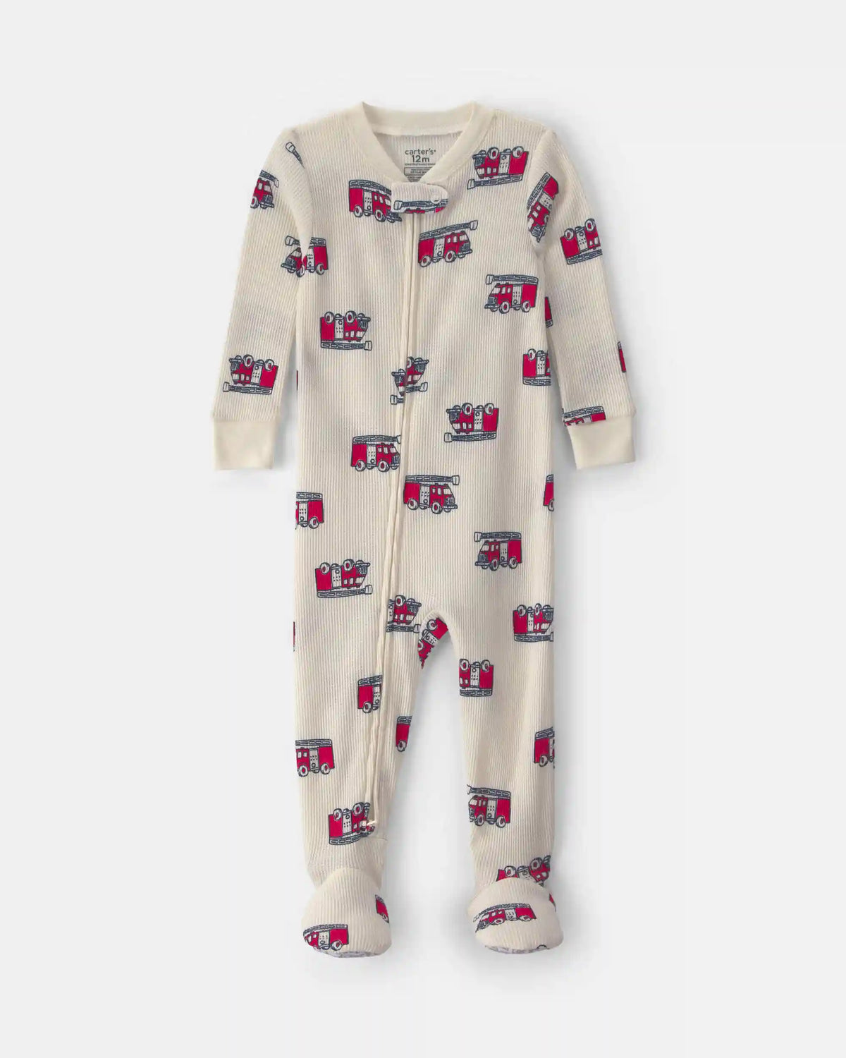 Toddler Boy 1-Piece Firetrucks Thermal Waffle Knit Footed Pyjama - Cream