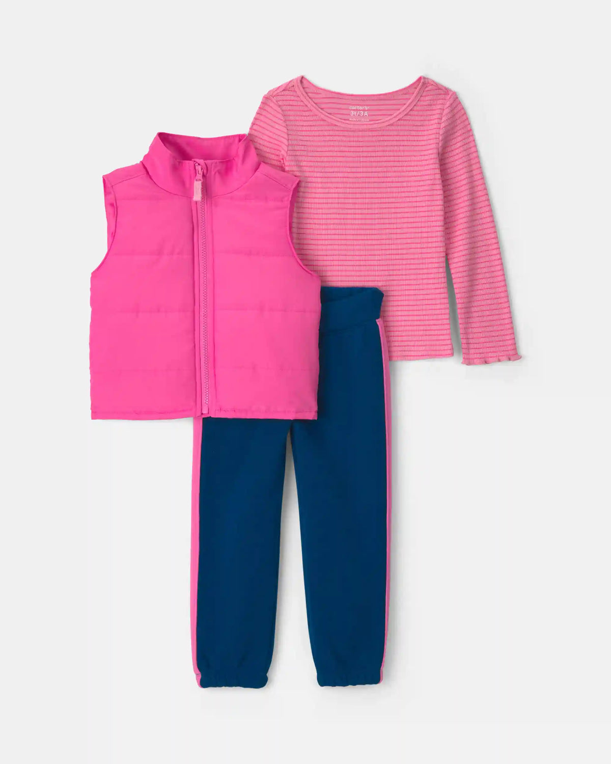Toddler Girl 3-Piece Striped Poplin Long-Sleeve Layering Set - Pink/Navy Blue