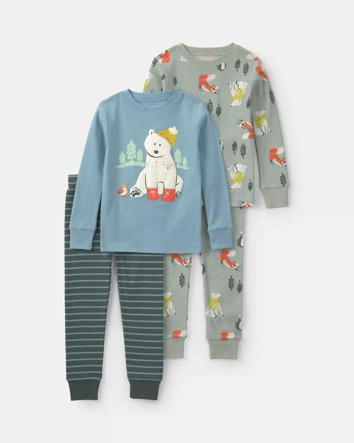 Toddler Boy Polar Bear 100% Cotton 4-Piece Pajama Set - Blue/Grey