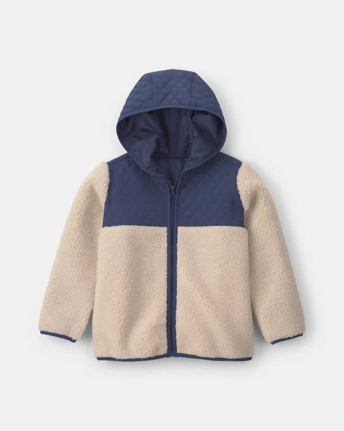 Boys Teddy Fleece Color Block Zip-Up Hoodie - Navy Blue/Cream