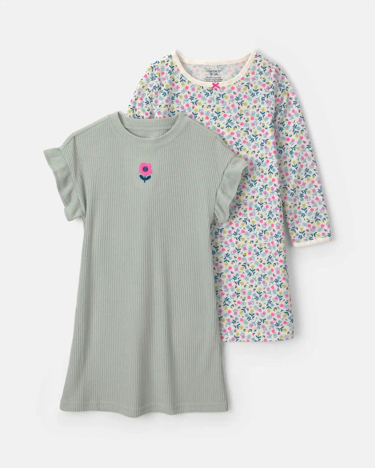 Girls 2-Pack Floral Loose Fit Night Gown - Green/Pink