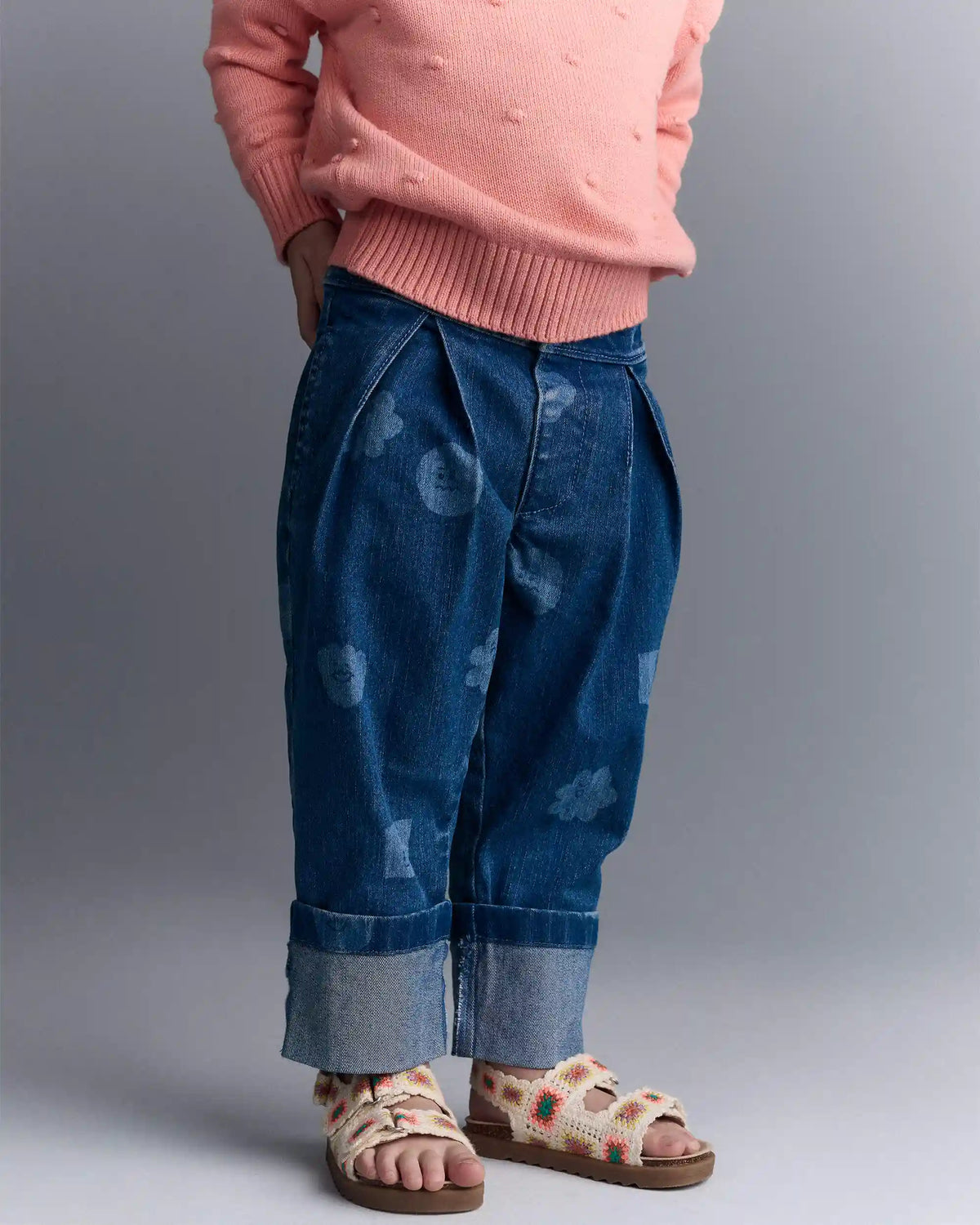 Toddler Girl Character Print Cuffed Pleat Pant in Denim - Blue