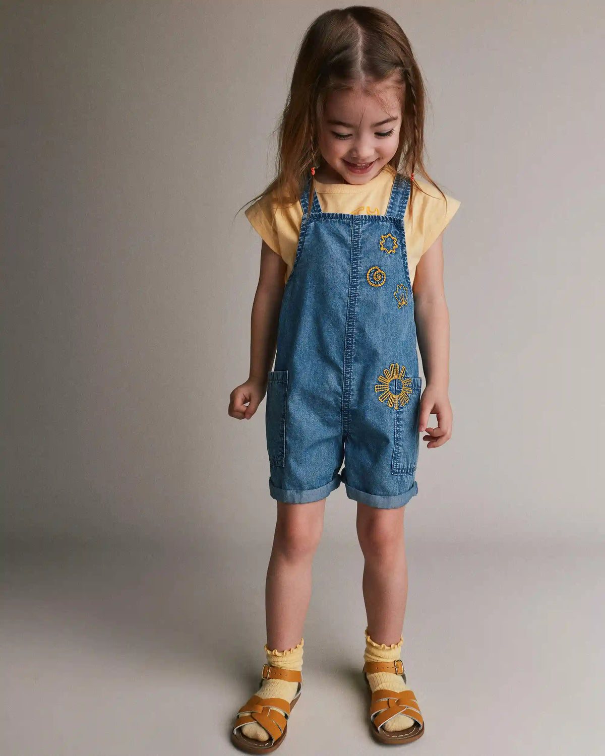 Toddler Embroidered Shortall with Pockets in Chambray