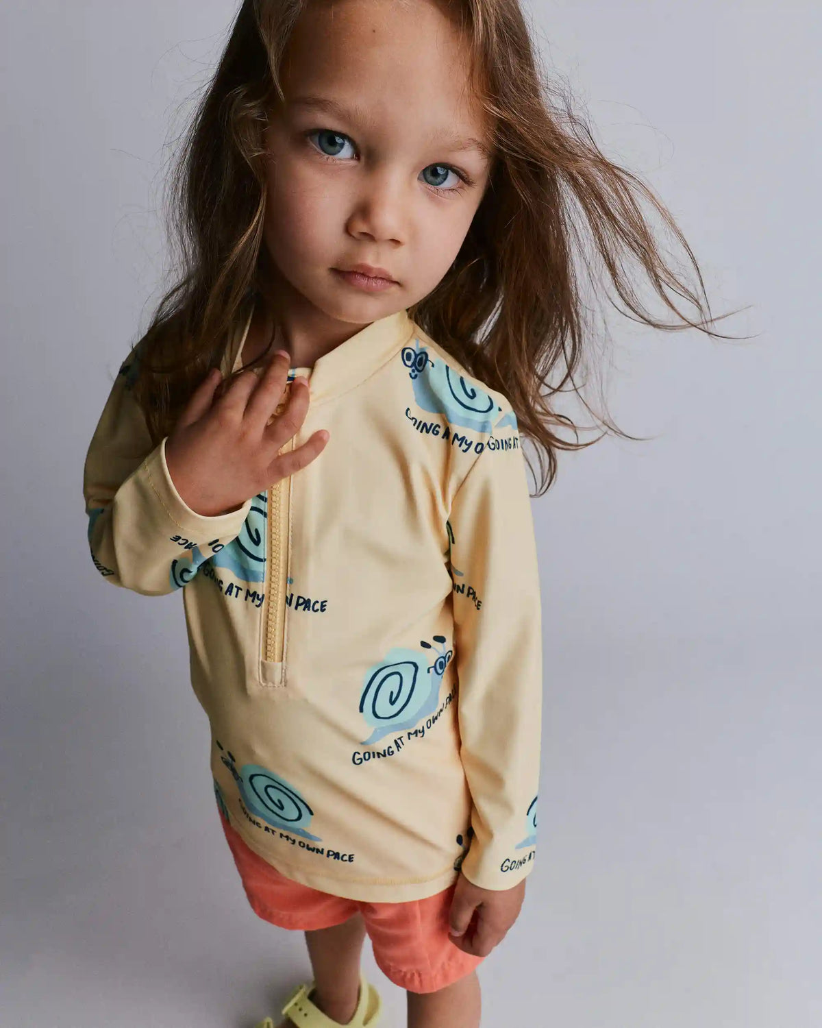 Toddler Half-Zip Long-Sleeve Rashguard in Snail Print- Yellow