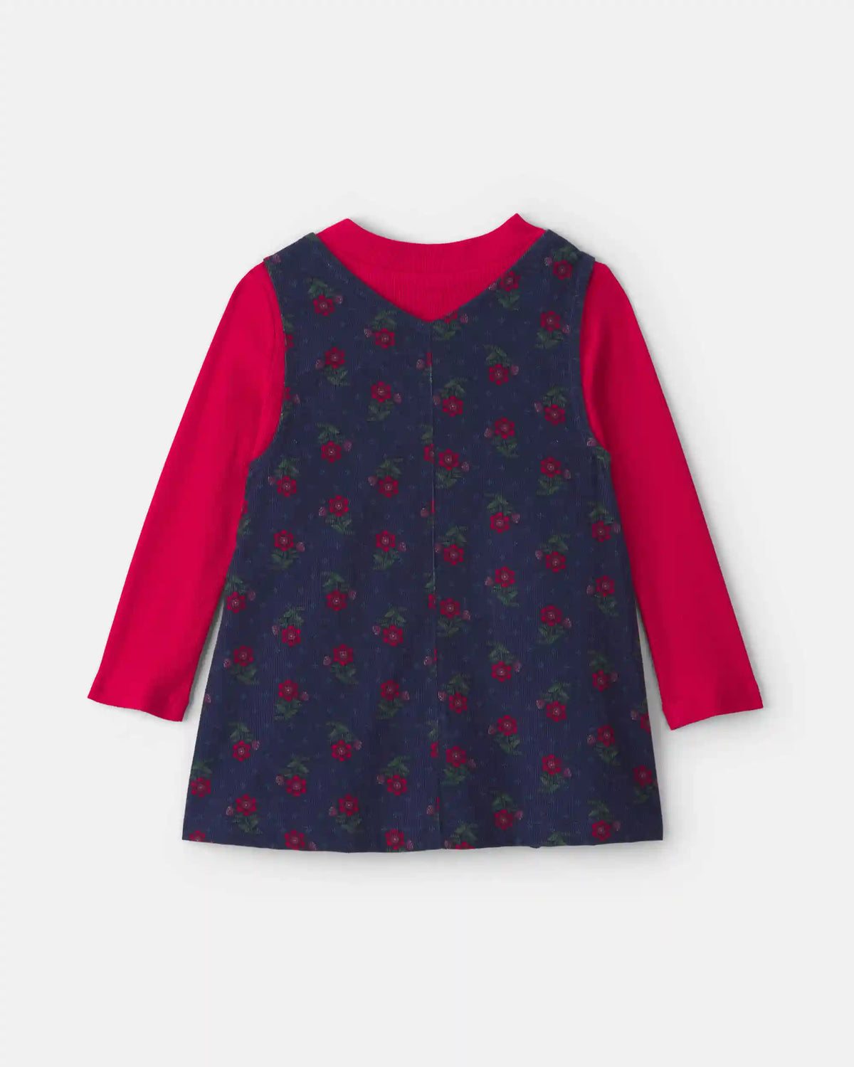 Toddler Girl 2-Piece Floral Corduroy Long-Sleeve Dress Set - Navy Blue/Red